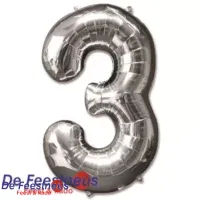 Folieballon Cijfer 3 – Zilver - 86 cm