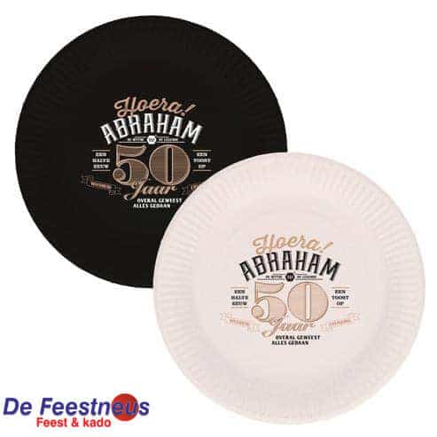Bordjes papier Abraham 50 jaar groot zwart/wit 8 stuks