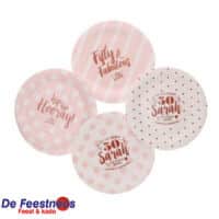 Bordjes papier Sarah 50 jaar groot roze/wit 8 stuks