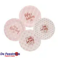 Bordjes papier Sarah 50 jaar groot roze/wit 8 stuks