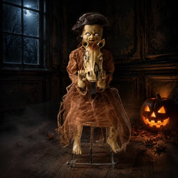 Halloween Bewegende Animatiepop Eng Kind op Hobbelpaard